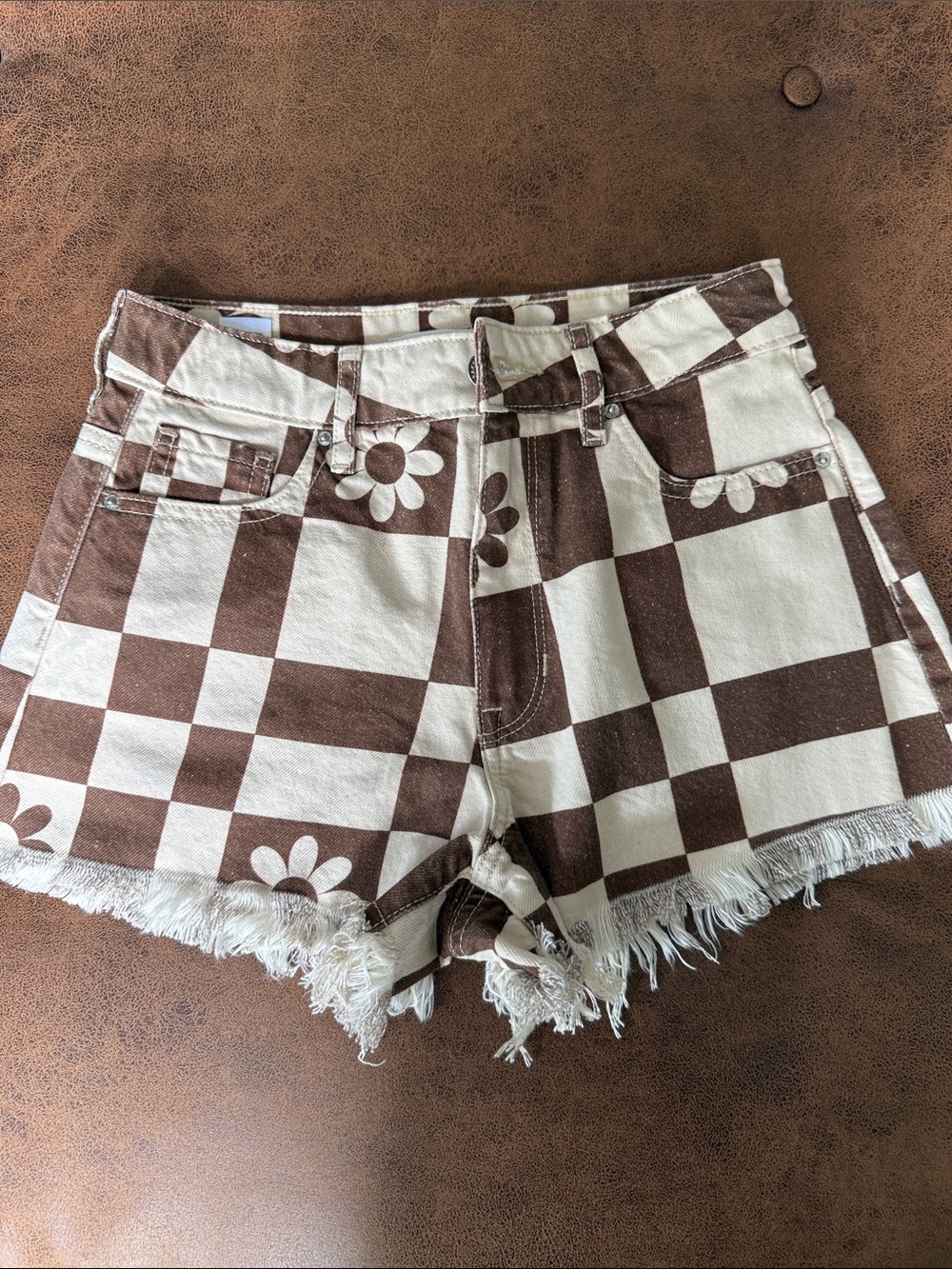 PacSun Brown & Cream Checker Daisy Frayed Hem Jean Shorts